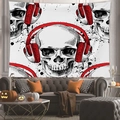 Detail of skull wall tapestry with red headphones over a grey sofa in Halloween decor - Trendy Headphones Skull / 100x70(Peach Skin)