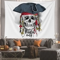 Detail of Halloween pirate skull tapestry with decorative feathers and coins on wall - Pirate Sea Soul Skull / 100x70(Peach Skin)