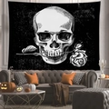 Detailed view of skull and rose tapestry hung in a cozy Halloween living room setting - Black and White Rose Skull
