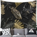Detail of high-density black and gold tropical leaf tapestry fabric texture on grey wall - 100x70cm (Peach Skin) / Black Gold Tropical Plant Leaf (14)