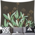 Detail of botanical wall tapestry with green leaves and gold lines over a gray sofa - 100x70cm (Peach Skin) / Dark Brown Gold Line Green Leaf Cluster (12)