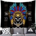 Aztec skull tapestry with feather headdress hanging over a sofa for wall decor - 16 / 100x70(Peach Skin)