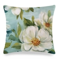 Funda de cojín de seda sintética con flores blancas en acuarela y fondo azul claro - Pintura al Óleo Floral Azul Cielo (1)