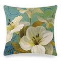 Detail of artistic watercolor camellia flower pattern on faux silk sofa cushion cover - Cyan Green Vintage Lily (11)