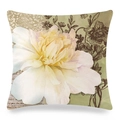 Detailed macro view of white peony watercolor art on silk-like decorative pillow cover - Light Green Vintage Peony (10)