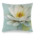 Detail of faux silk pillow cover featuring a white watercolor camellia and water lily - Blue-Green White Lotus (8)