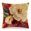 Macro shot of faux silk cushion cover featuring vivid watercolor camellia floral oil painting - Bright Red Oil Flower (16)