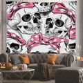 Pastel goth halloween skull tapestry with pink polka dot bows on living room wall - Pastel Goth Pink Bow Skull / 100x70(Peach Skin)