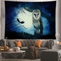 Halloween owl tapestry with moon and bats hanging above a sofa in a cozy home setting - Peach Skin / Deep Forest Owl (Pattern 4) / 100X70