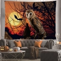 Halloween wall tapestry featuring a barn owl under an orange full moon and bats - Peach Skin / Twilight Moon Owl (Pattern 3) / 100X70