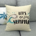 Summer linen cushion cover with wave print and Let's enjoy Summer text on grey sofa - Let's Enjoy Summer (18)