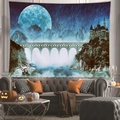 Detailed view of fantasy castle tapestry with moon and mist hung over a modern sofa - Cliff Castle (9)-100x70(Peach Skin)