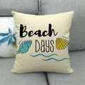 Linen pillow cover with Beach Days text, blue shells and sea waves pattern - Beach Days (19)