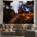 Arazzo di Halloween con zucche e luna piena appeso sopra un divano grigio moderno - Casa Zucca Notte Profonda (3)-100x70(Pelle di Pesca)