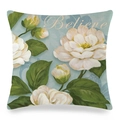 Square silk cushion cover with white camellia watercolor print and Believe text - Blue Believe White Camellia (3)