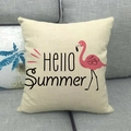 Linen sofa pillow cover featuring Hello Summer text and pink flamingo illustration - Hello Summer Flamingo (21)