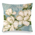 Square faux silk cushion cover featuring white magnolia floral and Dream text - Light Blue Dream Magnolia (4)