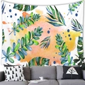 Watercolor tropical green leaves and succulent tapestry hanging on a white wall above a sofa - Peach Skin / Tropical Green Leaves (Style 1) / 100X70