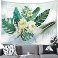 Tropical watercolor tapestry with green palm leaves and flowers above grey sofa - Peach Skin / Tropical Flowers & Feathers (Style 3) / 100X70