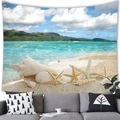 Detailed texture of beach tapestry featuring sea shells and turquoise ocean waves - Blue Island (Style 14)