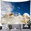 Detail of nautical beach tapestry with starfish and seashells hanging over a modern sofa - Blue Sky Shells (Style 13)