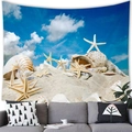 Detail of beach scenery tapestry featuring seashells and starfish on a blue sky background - Realistic Beach (Style 11)