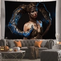 Tapisserie murale femme guerrière fantastique pour décoration intérieure mystique - 100x70cm / Peau de Pêche / Guerrière aux Cornes Bleu Or (4)