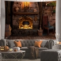 Detail of Halloween magic room tapestry featuring a fireplace and witch hats on wall - Wizard Fireplace