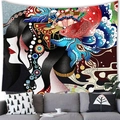 Ukiyo-e style woman tapestry with goldfish and waves hanging above a grey sofa - 100X70 / Japanese Geisha Ukiyo-e-Style 2 / Peach Skin