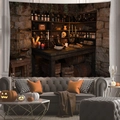 Detail of vintage alchemy laboratory tapestry hanging above a sofa with pumpkins - Apothecary Lab