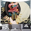 Close-up of Japanese Ukiyo-e tapestry detail featuring a koi fish and golden moon - 100X70 / Japanese Red Koi Illustration-Style 4 / Peach Skin