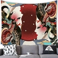 Detail of Ukiyo-e lady tapestry with red sun and birds on a modern living room wall - Japanese Ukiyo-e Side Profile-Style 5