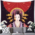 Detailed view of Ukiyo-e geisha tapestry hanging on a white wall above a sofa - Japanese Geisha Red Fan-Style 6