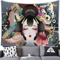 Ukiyo-e geisha wall tapestry with koi fish and wave patterns above a modern sofa - Japanese Geisha Koi Wave-Style 8