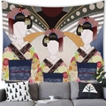 Detailed texture of Ukiyo-e geisha tapestry hanging above a modern grey sofa - Japanese Vintage Three Geishas-Style 9