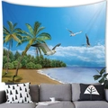 Arazzo con spiaggia tropicale, palme e onde del mare sopra un divano grigio - 100x70(Pelle di Pesca) / Palma Tropicale (Stile 2)