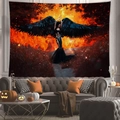 Tapisserie d'ange déchu gothique avec flammes accrochée au-dessus d'un canapé gris - 100x70cm / Peau de Pêche / Ange Déchu (1)