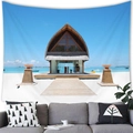 Détail d'une tapisserie de paysage de plage tropicale suspendue au-dessus d'un canapé - Pavillon Complexe Balnéaire (Style 8) / 100x70cm (Peau de pêche)