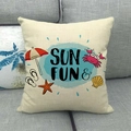 Linen beach cushion cover with Sun Fun text, starfish, crab and flip flops design - Sun Fun Beach (26)