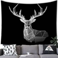 Detail view of a minimalist geometric elk tapestry hung over a modern living room sofa - Industrial Line Art Deer (Style 16)