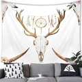 Detail of bohemian elk skull tapestry with dreamcatcher feathers above a grey sofa - Dreamcatcher Deer Skull (Style 11)