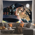 Detailed view of Halloween tapestry with pumpkins and castle in a living room setup - Cartoon Blue Halloween (11)