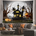 Close-up of Halloween tapestry featuring a glowing castle, tombstones and pumpkins - Scarecrow & RIP Tombstone (10)