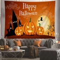 Detail of Happy Halloween tapestry with glowing pumpkins and moon over a sofa - Witch Flight & Castle (8)