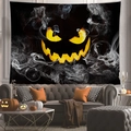 Detail of Halloween Jack-o'-lantern tapestry with glowing smoke on black background - Evil Pumpkin Smile (5)