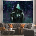 Tenture Halloween gothique avec femme à capuche dans une forêt de brume en peau de pêche - 100x70cm / Peau de Pêche / Sorcière de la Brume Violette (3)