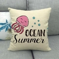 Linen sofa cushion cover featuring a pink cartoon jellyfish and OCEAN Summer text - Ocean Summer Jellyfish (27)
