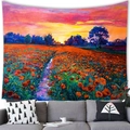 Detail of oil painting tapestry with red poppy field sunset hanging over a grey sofa - 100X70 / Sunset Flower Sea (4)