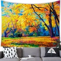 Detalle de tapiz de bosque impresionista colgado en pared blanca sobre un sofá gris moderno - 100X70 / Bosque de Otoño Tardío (7)