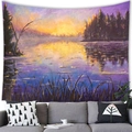 Detalle de textura de tapiz impresionista con paisaje de lago al atardecer y montañas - 100x70cm / Paisaje de Lago al Atardecer - Piel de Melocotón (10)